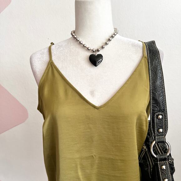 Olive Green Cami Tank Top Y2K 2000s Layering Boho 90s Vintage Medium - Picture 2 of 7